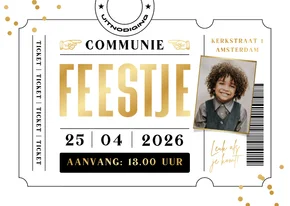 Communie ticket stoer confetti goud foto feestje