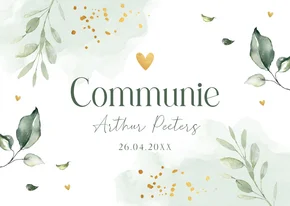 Communie uitnodiging jongen groen watercolour blaadjes
