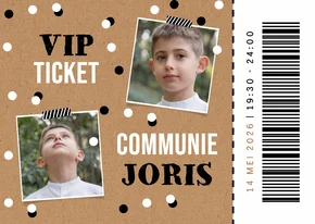 Communie uitnodiging kraft VIP ticket foto confetti 