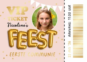 Communie uitnodiging meisje ticket goudfolie