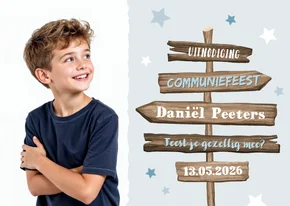 Communiefeest uitnodiging stoer wegwijzers hout foto sterren