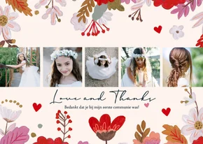 Communiekaart bedankkaart met foto en bloemen