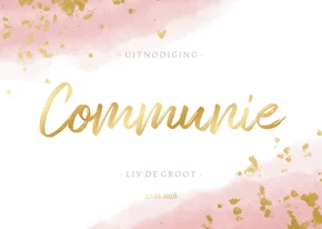 Communiekaart meisje met waterverf en gouden spetters