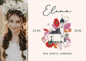 Communiekaart met foto en kerk illustratie