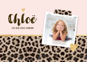 Communiekaart panterprint foto hartjes roze