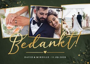 Donkergroene bedankkaart huwelijk met 3 foto's en goudfolie