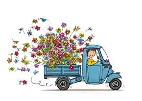 Driewieler met vele bloemen
