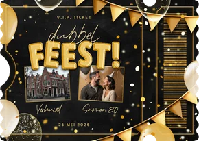 Dubbel feest ticket uitnodiging met ballonnen en confetti