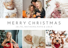 Eenvoudige witte fotocollage kerstkaart met 6 eigen foto's