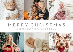Eenvoudige witte fotocollage kerstkaart met 6 eigen foto's