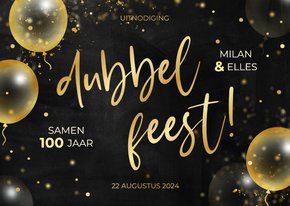 Feestelijke uitnodiging dubbel feest met gouden ballonnen