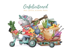 Felicitatie nieuwe woning vrolijk konijn op fiets dozen