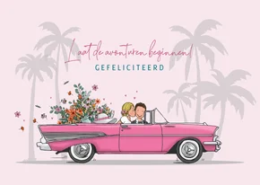 Felicitatiekaart amerikaanse auto met bruidspaar