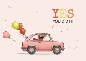 Felicitatiekaart geslaagd auto ballon
