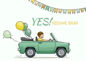 Felicitatiekaart nieuwe baan auto groen ballonnen
