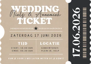 Festival wedding ticket uitnodiging in echte ticket vorm