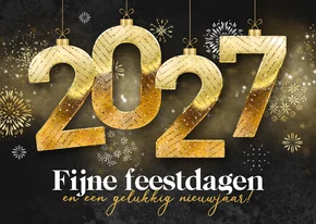 Flitsende kerstkaart 2027 vuurwerk kerstballen goud
