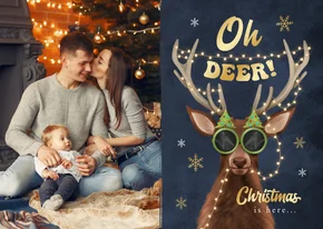 Foto kerstkaart grappig oh deer rendier lampjes sneeuw