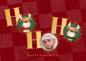 Foto kerstkaart – Rendier HO HO HO – Rode kerstkaart