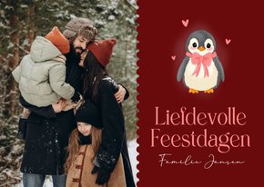 Foto kerstkaarten rood met pinguïn en roze strikje