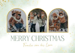 Fotocollage kerstkaartje met lichtgroene waterverf en goud