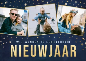 Fotocollage nieuwjaarskaart blauw met gouden sterretjes