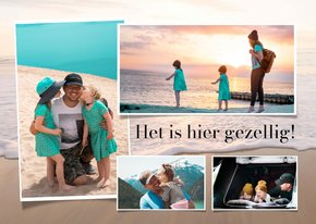 Fotokaart met 4 vakantiefoto's en een strand achtergrond