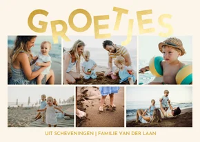 Fotokaartje met fotocollage en speelse gouden groetjes
