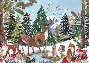 Geboortekaart hertjes en vosje in winter landschap