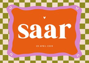 Geboortekaartje groovy groen paars rood blokjes 