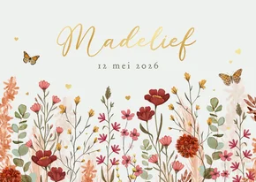 Geboortekaartje lente wilde bloemen vlinders hartjes goud