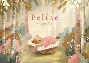 Geboortekaartje meisje met slapend beertje in het bos