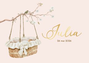 Geboortekaartje meisje rotan mandje aan takje met bloesem