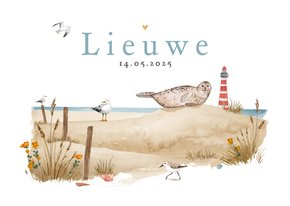 Geboortekaartje strand dieren vuurtoren zee vogels schelpen