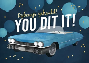 Geslaagd autorijbewijs felicitatiekaart oldtimer auto ballon