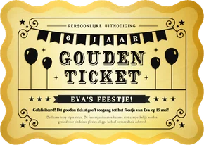 Gouden ticket uitnodiging kaart kinderfeestje golvende rand