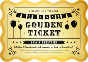 Gouden ticket uitnodiging kaart kinderfeestje golvende rand