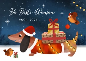 Grappige nieuwjaarskaart met teckel met lampjes en cadeau's
