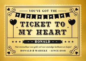 Grappige valentijnskaart ticket to my heart gouden ticket