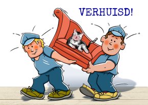 Grappige verhuiskaart met poes op bankje