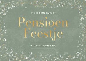 Groene uitnodiging voor pensioen met confetti en goud