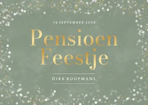 Groene uitnodiging voor pensioen met confetti en goud