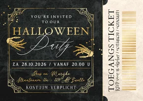 Halloweenfeest uitnodiging ticket skelethand goud