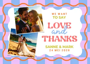 Hippe bedankkaart love&thanks trouwdag met wave en blokjes