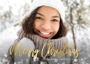 Hippe kerstkaart met een grote eigen foto en sneeuwkader