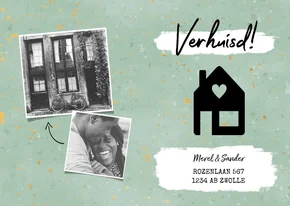 Hippe verhuiskaart met huisje, verf, spikkels en foto's
