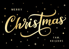Hippe zwarte kerstkaart met goudlook letters merry christmas