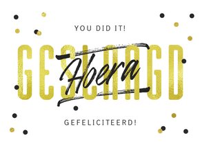 Hoera geslaagd kaart goud, zwart confetti