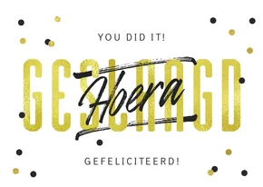 Hoera geslaagd kaart goud, zwart confetti