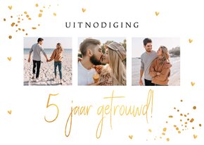 Jubileumkaart 5 jaar getrouwd goudlook confetti fotocollage